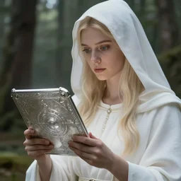 closeup shot of a holy woman recording history on a magical silver tablet in a forest, white hood, white robes, blonde, fantasy, magical, realistic and detailed, spiritual, supernatural, intricate, elegant, highly detailed, digital painting, trending on artstation, by wlop, 4 k octane render