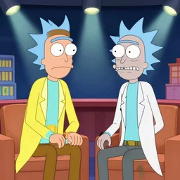 a detailed picture of a cartoon jay leno interviewing hank hill rick from rick and morty, on the tonight show, talk show set, spotlights, cartoon and anime style, 8 k