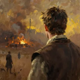 we see ewan mcgregor from behind. atmospheric feeling, warm colours, brown colours, yellow colours, epic scene, cinematic, very detailed, oil painting