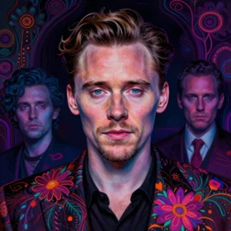 portrait of tom hiddleston, hyper detailed masterpiece, neon floral pattern, jean giraud, digital art painting, darkwave goth aesthetic, psychedelic, artgerm, donato giancola and tom bagshaw