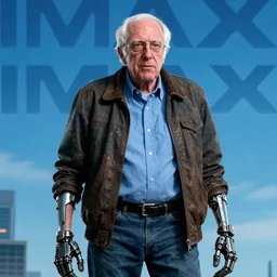 Cinematic Imax depiction of Bernie Sanders as a rustic cyborg in the style of Wayne Barlowe 3840 x 2160