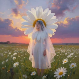 veil of giant white daisy flower as head, girl standing in a flower field, surreal photography, sunrise, dramatic light, impressionist painting, colorful clouds, digital painting, artstation, simon stalenhag