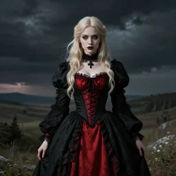 misa amane, gothic black and red dress, blonde hair. by rembrandt, ( ( konstantin razumov ) ), artgerm