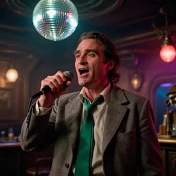 the medium shot of singing old skinny drunkard hobo ( ( ( ( ( ( joaquin phoenix ) ) ) ) ) ) with sideburns worn in the old grey jacket with emerald tie on the scene in steampunk bar, still frame from the movie with the cinematography of christopher doyle, neon lighting reflecting from a disco ball, anamorphic lens, optical flares, 8 k