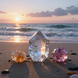 crystal fruits on the beach, sunset, ocean, waves, photorealistic, cinematic lights, octane render, unreal engine
