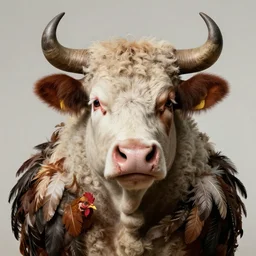 a hyper detailed full face portrait of a anthropomorphic joaquin phoenix!!!!!!! as the king of animals, ( ( ( ( cow ) ) horns, ( ( ( pig nose ) ) ), sheep wool, chicken! feathers!!!!, horror, anna podedworna, miklos ligeti, diego maricato, taran fiddler