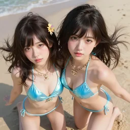 masterpiece portrait of a beautiful stunning young girl, twice tzuyu, accessories, in sky blue reflective bikini, chanel jewelry, focus, beach, fantasy character portrait, dynamic pose, above view, top lighting, art by artgerm and charlie bowater and wenjun lin and gil elvgren, ilya kuvshinov, mary jane ansell, cryengine, lumion render, 8 k realistic, hyper detailed, digital painting, artstation, concept art, ray tracing, realistic shaded, perfect face
