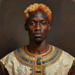 a professionally painted african male model , clothed in ancient street wear, dark skin, reddish gold hair, beautiful bone structure, symmetrical features, stunningly, beautiful, intricate, elegant, digital painting, smooth, sharp focus, illustration, no cropping, made by Wiley, Kara Walker, Jacob Lawrence, Sam Gilliam, Edmonia Lewis,