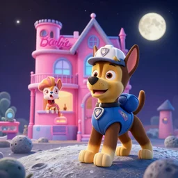 barbie dreamhouse adventure as a paw patrol dog, rescue on the moon, anime, disney, pixar, 8 k, hd, kodak film, volumetric lighting, subsurface scattering, photorealistic, octane render, details, xgen fur
