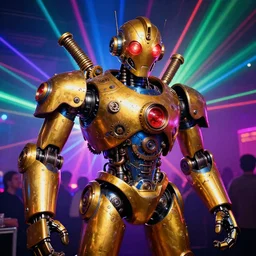 scene is elrow party in amnesia ibiza, portrait photo of a giant huge golden and blue metal steampunk robot, with gears and tubes, eyes are glowing red lightbulbs, shiny crisp finish, 3 d render, 8 k, insaneley detailed, fluorescent colors, haluzinogetic, background is multicolored lasershow