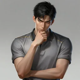 a highly detailed illustration of fierce short black haired young asian man wearing polo shirt, dramatic thinking pose, lean, intricate, elegant, highly detailed, centered, digital painting, artstation, concept art, smooth, sharp focus, league of legends concept art, WLOP