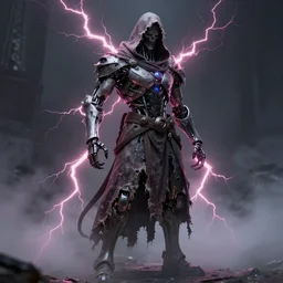 character design, biomechanical arcanist, tattered robe and hood, pink lightning, fog, scary, arrogant, hostile, photorealistic, cinematic, hyper realistic, octane render, 8 k, full shot
