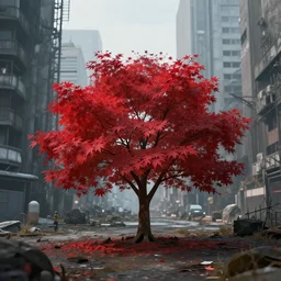 a single red japanese maple in a dystopian city