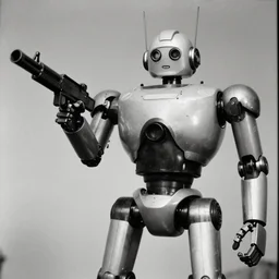 Robot with a minigun for a hand, old photo, black and white