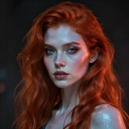 futuristic woman, portrait, Cyberpunk, glowing skin, beautiful girl, red hair, ginger hair, dark fantasy, extremely detailed, sharp focus, model