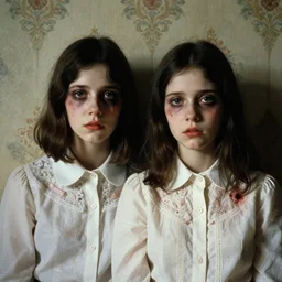 a baroque painting of two beautiful but creepy siblings wearing oxford shirts in layers of fear, with haunted eyes and dark hair, 1 9 7 0 s, seventies, wallpaper, a little blood, morning light showing injuries, delicate embellishments, painterly, offset printing technique, by brom, robert henri, walter popp, cinematic lighting, various refining methods, micro macro autofocus, ultra definition, award winning photo
