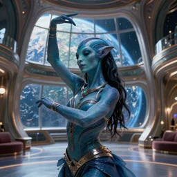 vfx movie scene closeup of beautiful blue skin alien woman dancing in sleek futuristic decadent spaceship pillars, futuristic ballroom. giant windows view of earth obit. by emmanuel lubezki