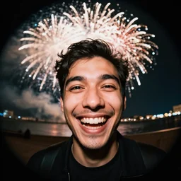 Fisheye lens photograph taken 1 inch from a handsome man's face as he smiles widely fireworks in the background