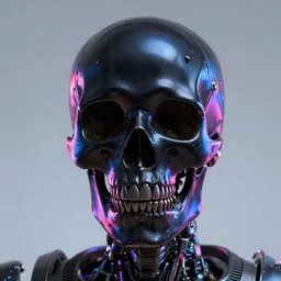 portrait of a high gloss black robot skull, blue and pink highlights, digital art, artstation