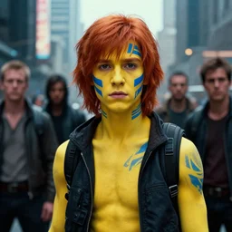 red - haired male teenager with yellow skin, blue tribal face markings, medium hair, gang in background, bladerunner 2 0 4 9, city, cinematic, film still