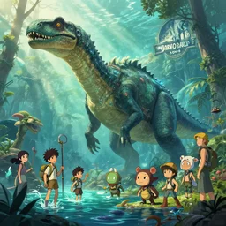 mosasaur in the sea jurassic park world ark evolution land before time forest creature epic digital fantasy style beeple, by thomas kinkade league of legends dofus overwatch concept art, style of makoto shinkai, xision, james jean and peter mohrbacher, studio ghibli, artgerm, karol bak, dan mumford global illumination rtx bioluminescent wooly