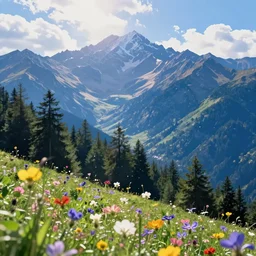 mountain landscape in summer, flowers, trees, blue landscape, dreamy light, sunny, floating particles, complementary palette, by and jacek yerga and jesse king, pop surrealist, wiccan, unreal engine, bokeh, detailed