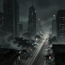 a wide angle view of a steamy technopunk manila, in the style of tron legacy, concept art, desaturated, cinematic, film noir, ominous, darksynth, illuminated lines, outrun, misty, octane render, by zack snyder and jeremy mann, 8 k