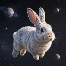 wise old rabbit flying in universe spaces, octane render, 8k, extremely detailed
