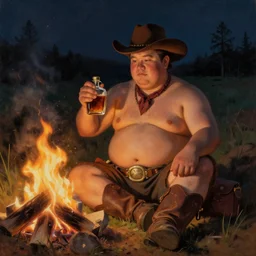 a serene painting of a chubby half-dressed cowboy sitting by a fire at night holding a whisky jug