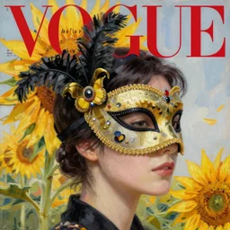 masquerade ball mask, korean audrey hepburn, vogue magazine, elle magazine, greg rutkowski, john singer sargent, robert rauschenberg, trending on artstation, anime, oil painting, side profile portrait, looking right, sunflower, intricate