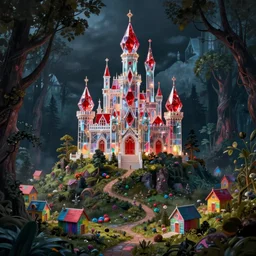 of a beautiful big Hyperrealistic glass castle made of red diamonds on top of a hill in the middle of a dark and creepy forest with little rainbow colored shack houses scattered along the lower valley region, macro lens, highly detailed, digital painting, trending artstation, concept art, illustration, cinematic lighting, vibrant colors, photorealism, epic, octane render