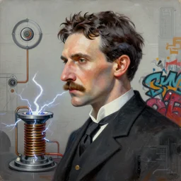 glorious futuristic visionary inventor nikola tesla profile picture by sachin teng, c 2 1 5 and artgerm, masterpiece, organic painting, matte painting, technical geometrical drawing shapes, lightning electricity coil, hard edges, graffiti, street art by sachin teng and c 2 1 5