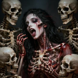 extremely beautiful panting of goddess of the realm of the dead, half woman half skeleton, covered with blood, surrounded by skeletons, extremely high detailed face, artstation, by ilya kuvshinov, greg rutkowski and makoto shinkai, trending on artstation
