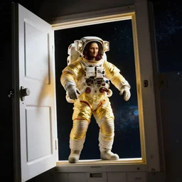 golden ratio, photo realism, space astronaut opening door that shows space and time created by leonardo davinci with extra detail, epic.