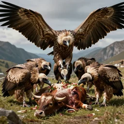 a detailed group of griffin vultures eating a dead cow in avila mountains, open dead cow. 4 k, concept art, by wlop, ilya kuvshinov, artgerm, krenz cushart, greg rutkowski, pixiv. cinematic dramatic atmosphere, sharp focus, volumetric lighting, cinematic lighting, studio quality