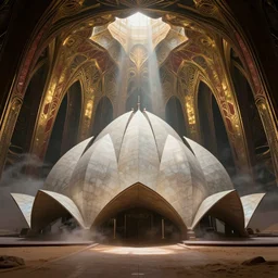 eerie dark interior of a futuristic lotus temple with gold, red and white marble panels, smoke and  shafts of sunlight in the centre, in the desert, by buckminster fuller and syd mead, intricate contemporary architecture with art nouveau motifs, photo journalism, photography, cinematic, national geographic photoshoot
