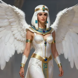 perfect white haired egyptian queen emma watson wearing white dove wings warframe armor regal attractive ornate sultry beautiful dreamy digital art painted by wlop trend on artstation, movie key visual