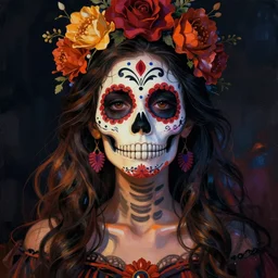 illustration of a sugar skull day of the dead girl, art by man ray