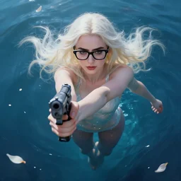 abeautiful + blonde + dragon queen + white hair + cool black glasses + holding pistol + tights + lily collins, floating under the deep dream water, beautiful smooth soft light + white petal, oil paint, cinematic lighting, octane render, unreal engine 5, closeup, 4 k, highly detailed, instagram,