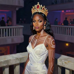 palette knife oil painting portrait of grace jones, a princess - with gold tiara with rubies and diamonds, woman in white dress and australian aboriginal body paint, concrete balcony, nightclub, artstation trending, artgerm, any racial background, deviant art, hipster, octane, substance, art history 8 k