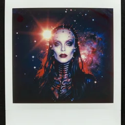 weathered old analog polaroid portrait photograph of a female attractive cenobite, hellraiser, clive barker, demon, azure and red tones, space, stars, nebula, lensflare, sunlight, glare, depth of field, bokeh, filmgrain, red color bleed
