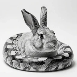 rare classified photo, black & white, studio lighting, a short buffalo rabbit python, horns, real fur, real skin
