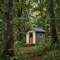 small hut, tiny house, hidden in a forest, photorealistic, landscape