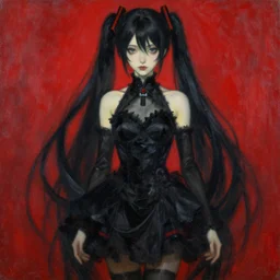 A very beautiful and dark haunting oil painting of Hatsune Miku in a black weeding dress, scarlet background, by Oskar Kokoschka.