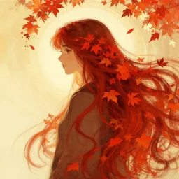 girl with super long hair, hair becoming autumn red leaves, digital painting, artstation, illustration, art by artgerm and greg rutkowski and alphonse mucha