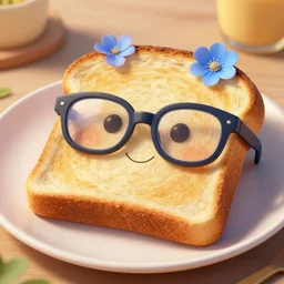 epic professional digital art of a bread toast!!! wearing 👓!!!!  and a blue flower!!!!, best on artstation, cgsociety, much detail, much wow, masterpiece