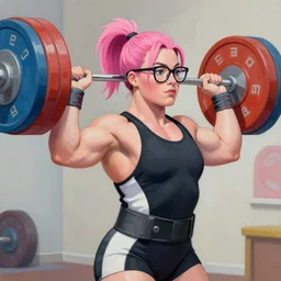 greg manchess portrait of margot robbie as thick muscular weightlifter zarya from overwatch with ponytail and short pink hair wearing nerdy glasses, medium shot, asymmetrical, profile picture, organic painting, sunny day, matte painting, bold shapes, hard edges, street art, trending on artstation, by huang guangjian and gil elvgren and sachin teng