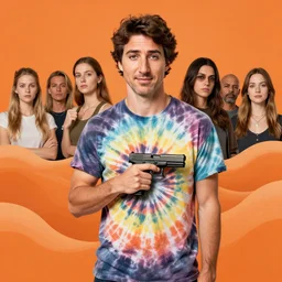 justin trudeau wearing tiedye tshirt holding a glock, orange waves, magic realism, mike judge, josephine wall, huang guangjian, viktoria gavrilenko, amanda sage, trending on artstation