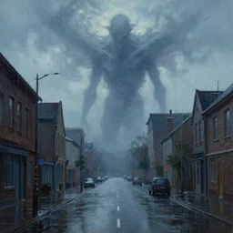 an empty street at dusk, with a giant eldritch god emerging from the sky, rainy, wet streets, digital oil painting by simon stalenhag