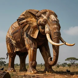 colossal brutalist elephant scultpture made out of wood, ominous, african influences
